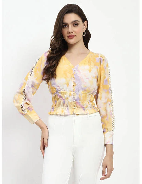 Abstract Print V Neck Smocked Top