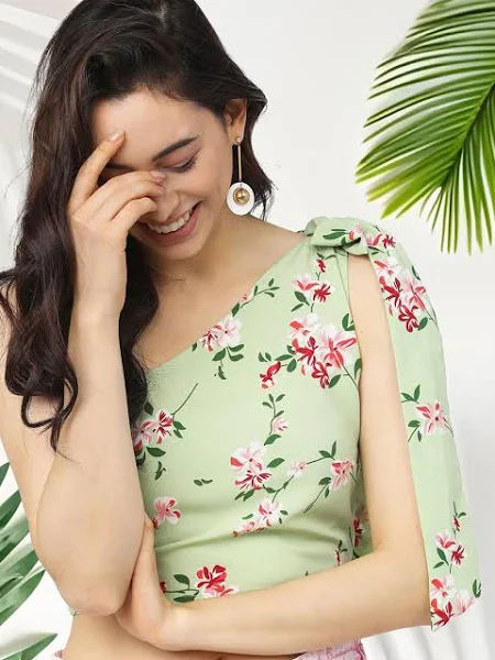 Women's Floral Print One Shoulder Puff Sleeve Top - Image 2