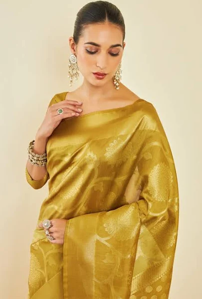Gold Tussar Silk Saree with Zari Woven Floral and Foliage Designs - Image 2