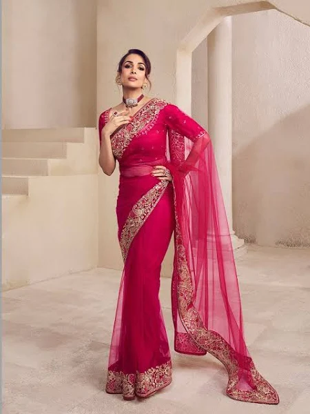 Inddus Floral Sequins and Thread Embroidered Saree with Blouse Piece