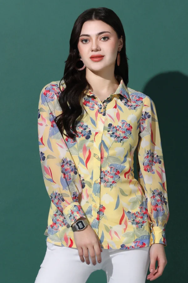 Womens Yellow Georgette Mill PR Floral Printed Shirt Style Top - Image 2