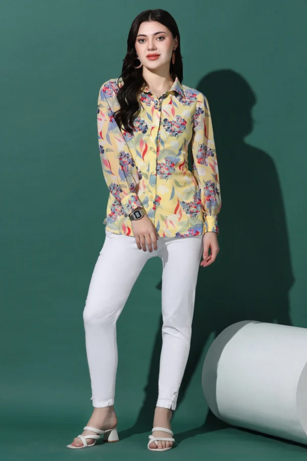 Womens Yellow Georgette Mill PR Floral Printed Shirt Style Top - Image 3