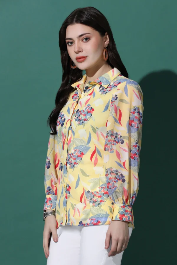 Womens Yellow Georgette Mill PR Floral Printed Shirt Style Top - Image 5