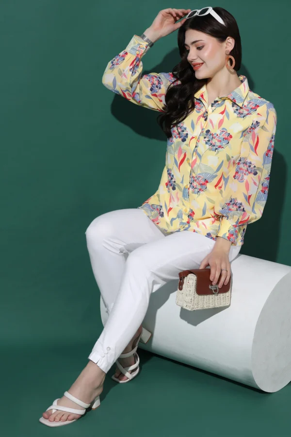 Womens Yellow Georgette Mill PR Floral Printed Shirt Style Top - Image 7