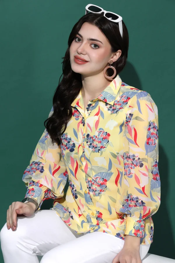 Womens Yellow Georgette Mill PR Floral Printed Shirt Style Top - Image 8