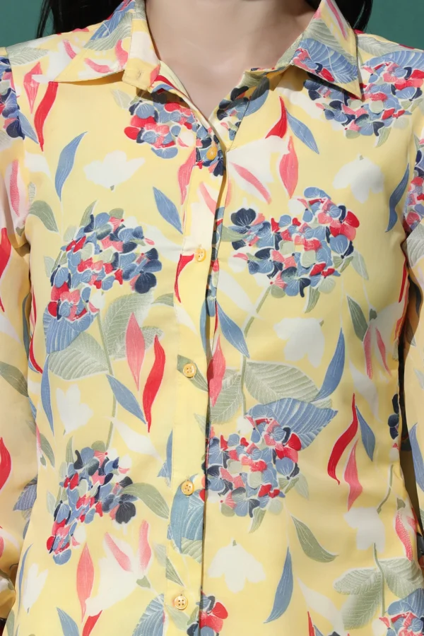 Womens Yellow Georgette Mill PR Floral Printed Shirt Style Top - Image 10