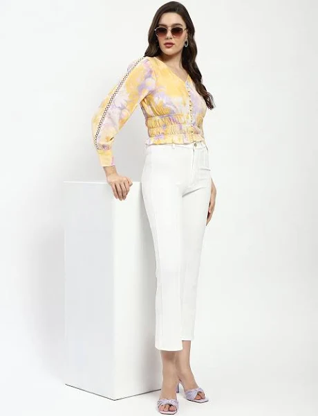 Abstract Print V Neck Smocked Top - Image 3