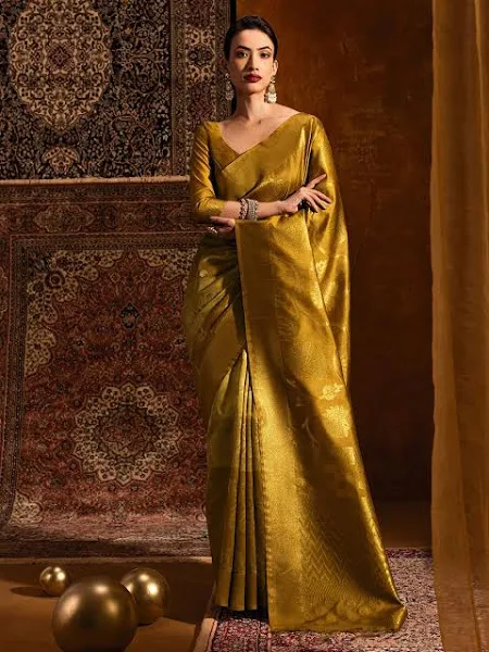 Gold Tussar Silk Saree with Zari Woven Floral and Foliage Designs