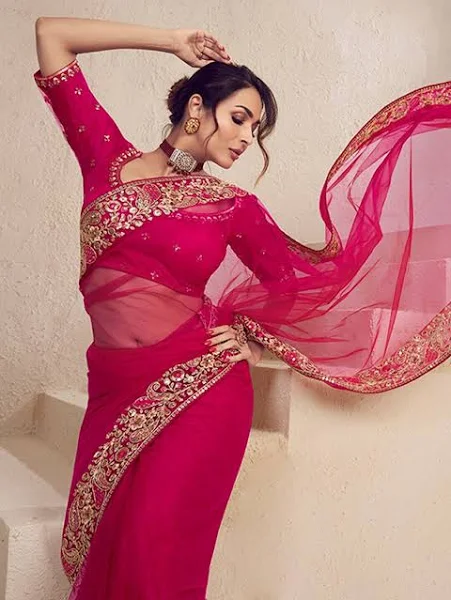 Inddus Floral Sequins and Thread Embroidered Saree with Blouse Piece - Image 3