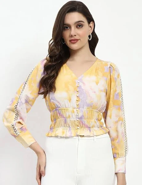 Abstract Print V Neck Smocked Top - Image 4