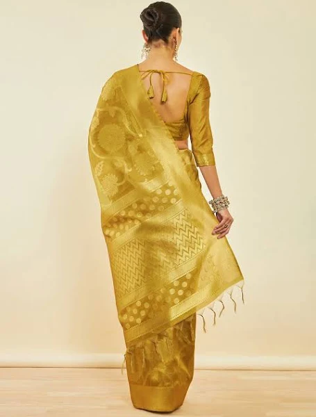 Gold Tussar Silk Saree with Zari Woven Floral and Foliage Designs - Image 4