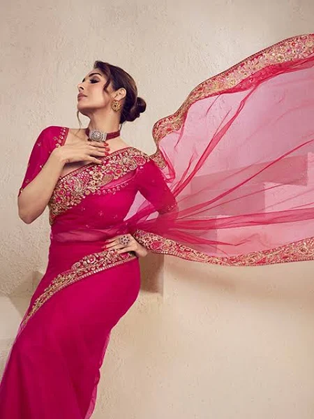 Inddus Floral Sequins and Thread Embroidered Saree with Blouse Piece - Image 4