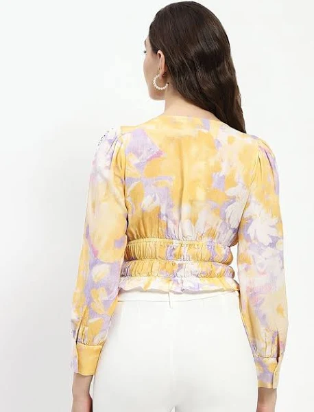 Abstract Print V Neck Smocked Top - Image 5