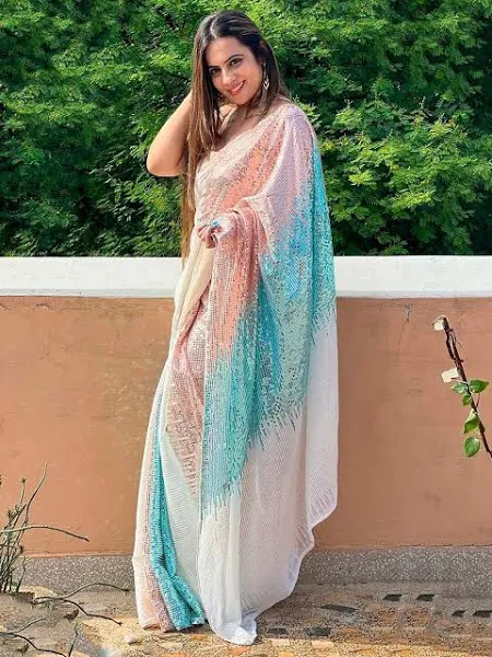 Embellished Sequinned Pure Georgette Saree - Image 5