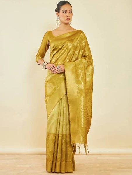 Gold Tussar Silk Saree with Zari Woven Floral and Foliage Designs - Image 5