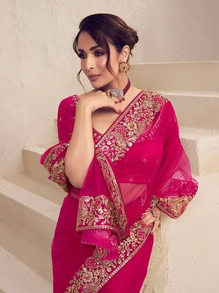 Inddus Floral Sequins and Thread Embroidered Saree with Blouse Piece - Image 5