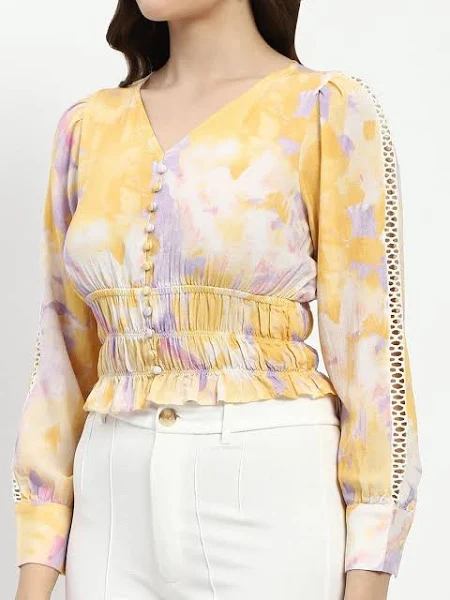Abstract Print V Neck Smocked Top - Image 6