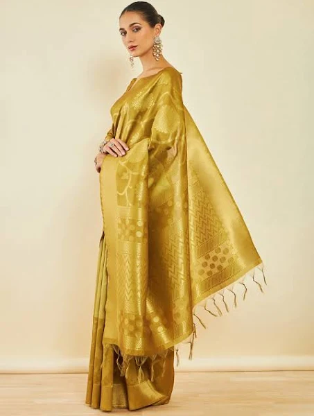 Gold Tussar Silk Saree with Zari Woven Floral and Foliage Designs - Image 6