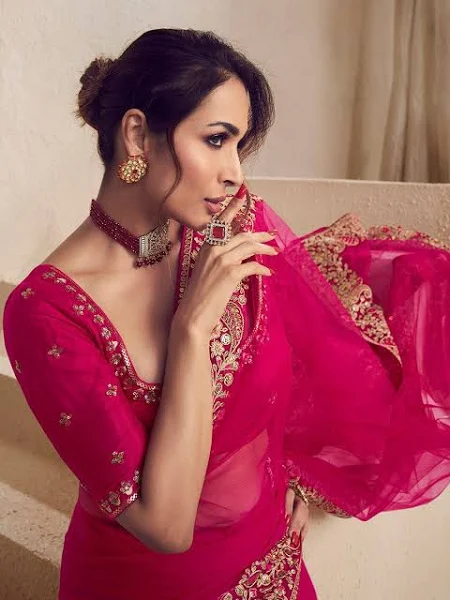 Inddus Floral Sequins and Thread Embroidered Saree with Blouse Piece - Image 6