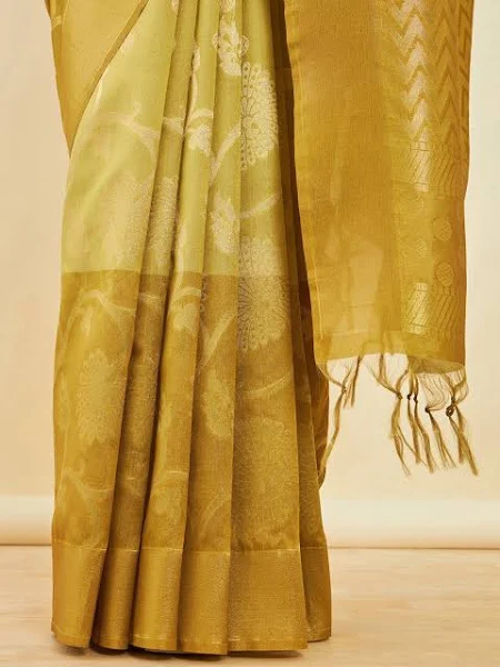 Gold Tussar Silk Saree with Zari Woven Floral and Foliage Designs - Image 7