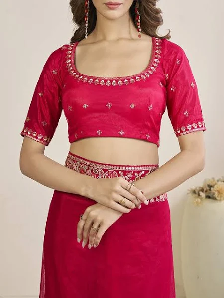 Inddus Floral Sequins and Thread Embroidered Saree with Blouse Piece - Image 7