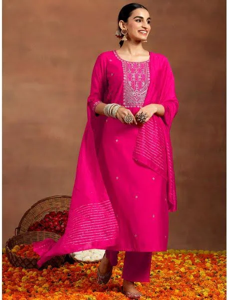 Pink Silk Blend Yoke Design Kurta & Pant with Dupatta