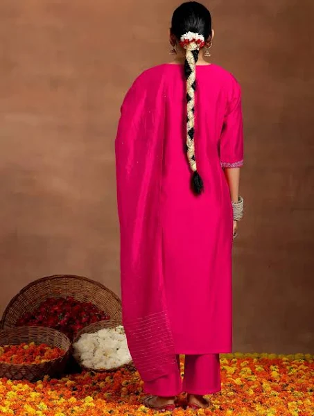 Pink Silk Blend Yoke Design Kurta & Pant with Dupatta - Image 3