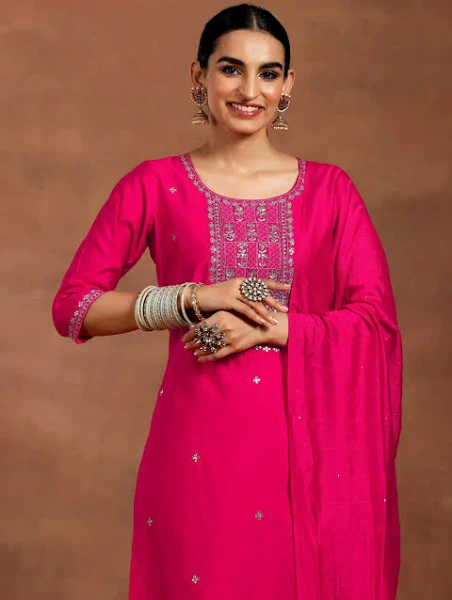Pink Silk Blend Yoke Design Kurta & Pant with Dupatta - Image 5
