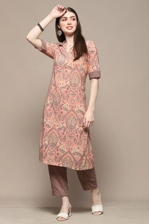 Women Peach Grey Rayon Straight Kurta Set - Image 7