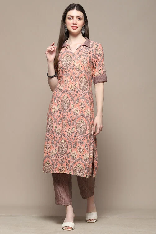 Women Peach Grey Rayon Straight Kurta Set