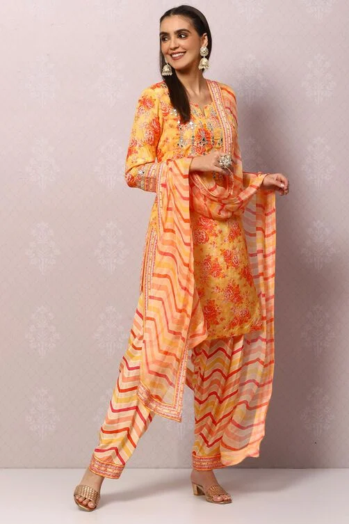 Women Yellow Viscose Straight Kurta Salwar Pants Suit Set - Image 6