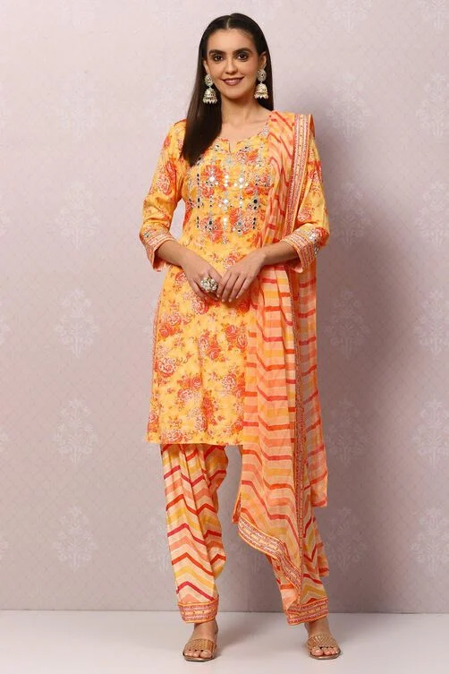 Women Yellow Viscose Straight Kurta Salwar Pants Suit Set