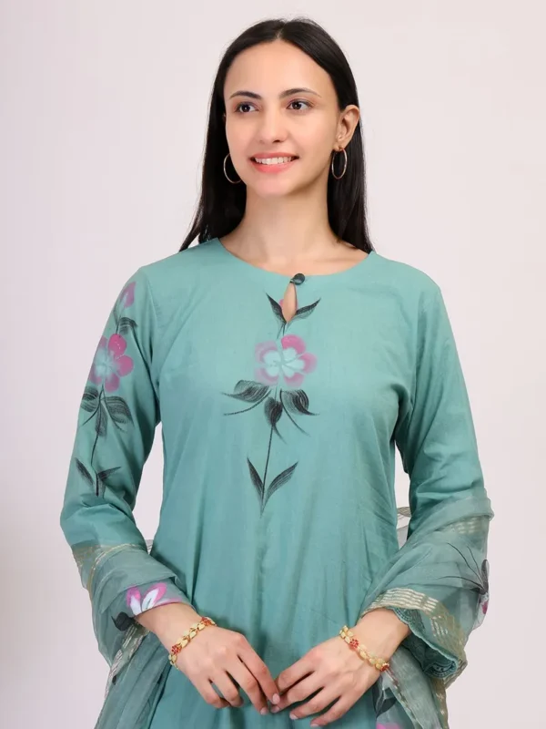 Women Turquoise Hand Painted Cotton Suit - Set - Image 5