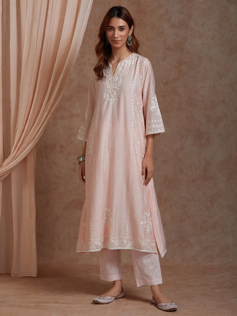 Women Peach Aari Embroidered Chanderi Kurta with Pants