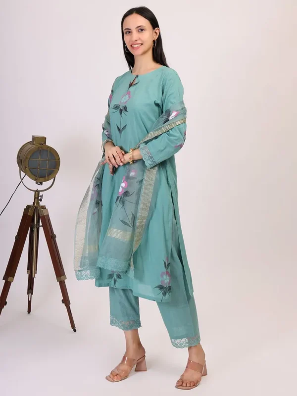 Women Turquoise Hand Painted Cotton Suit - Set - Image 4