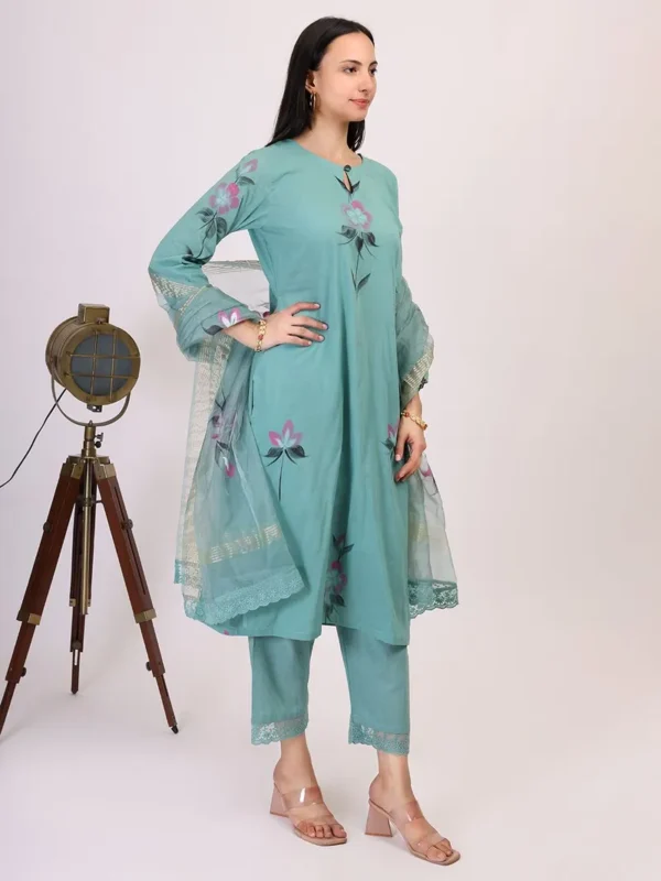 Women Turquoise Hand Painted Cotton Suit - Set