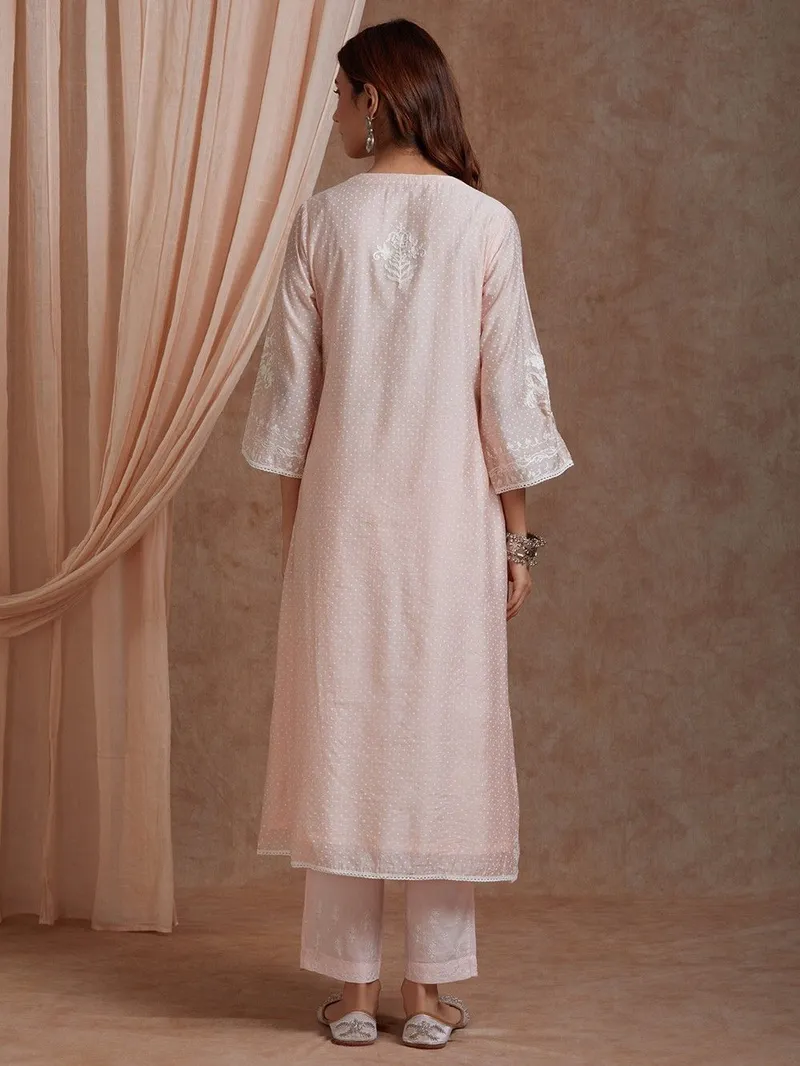 Women Peach Aari Embroidered Chanderi Kurta with Pants - Image 3