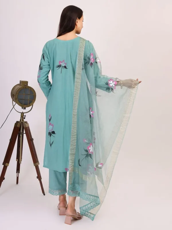 Women Turquoise Hand Painted Cotton Suit - Set - Image 2