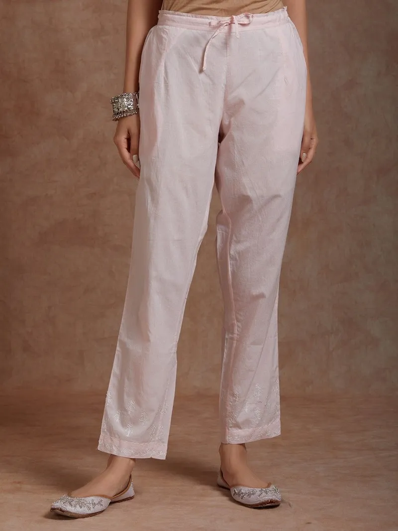 Women Peach Aari Embroidered Chanderi Kurta with Pants - Image 2