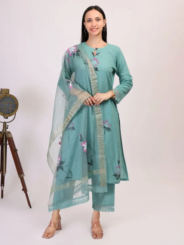 Women Turquoise Hand Painted Cotton Suit - Set - Image 6